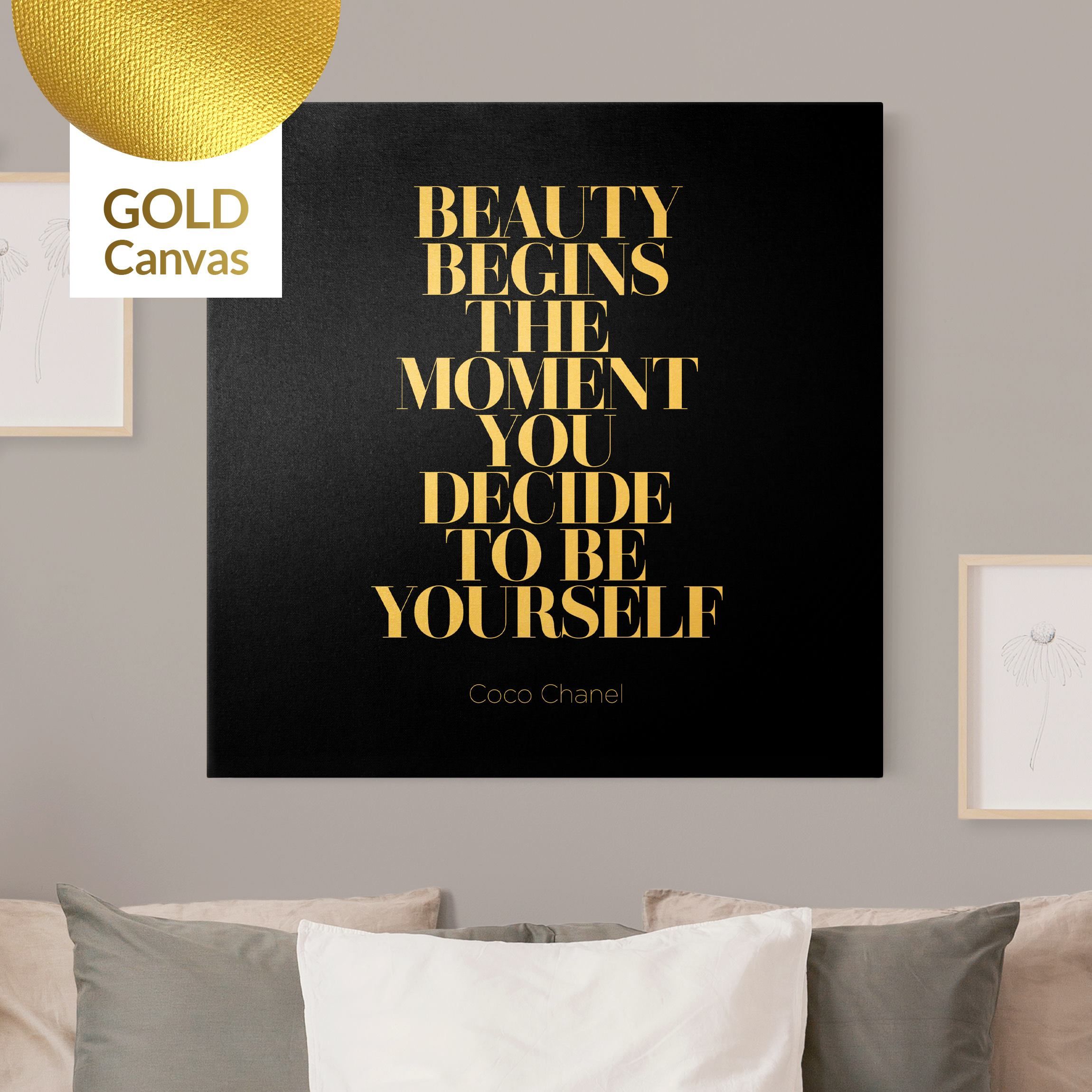 Be yourself Coco Chanel Schwarz Leinwandbild gold als Quadrat kaufen