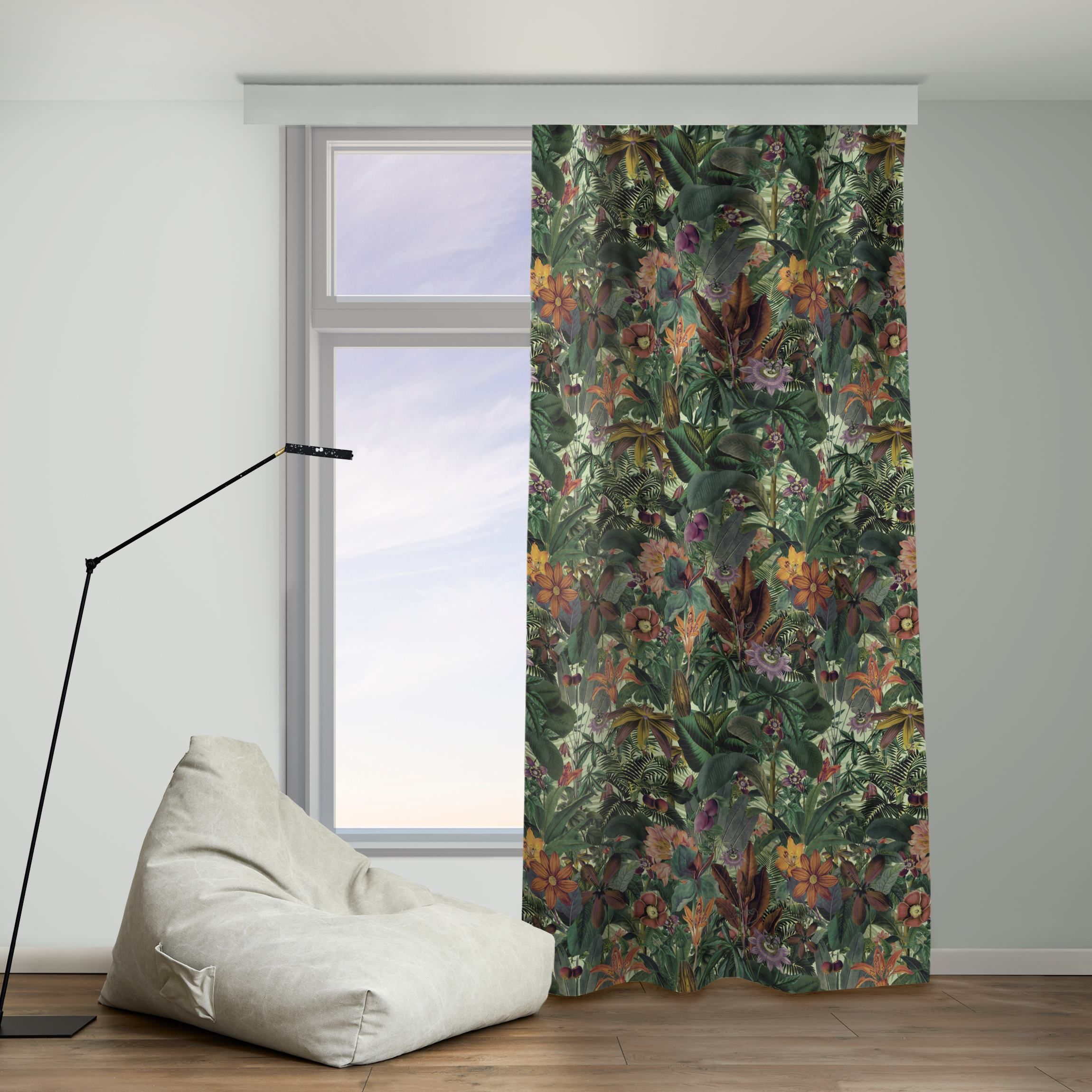 Vorhang - Dschungel Blätter Grün in Orange Blüten und und