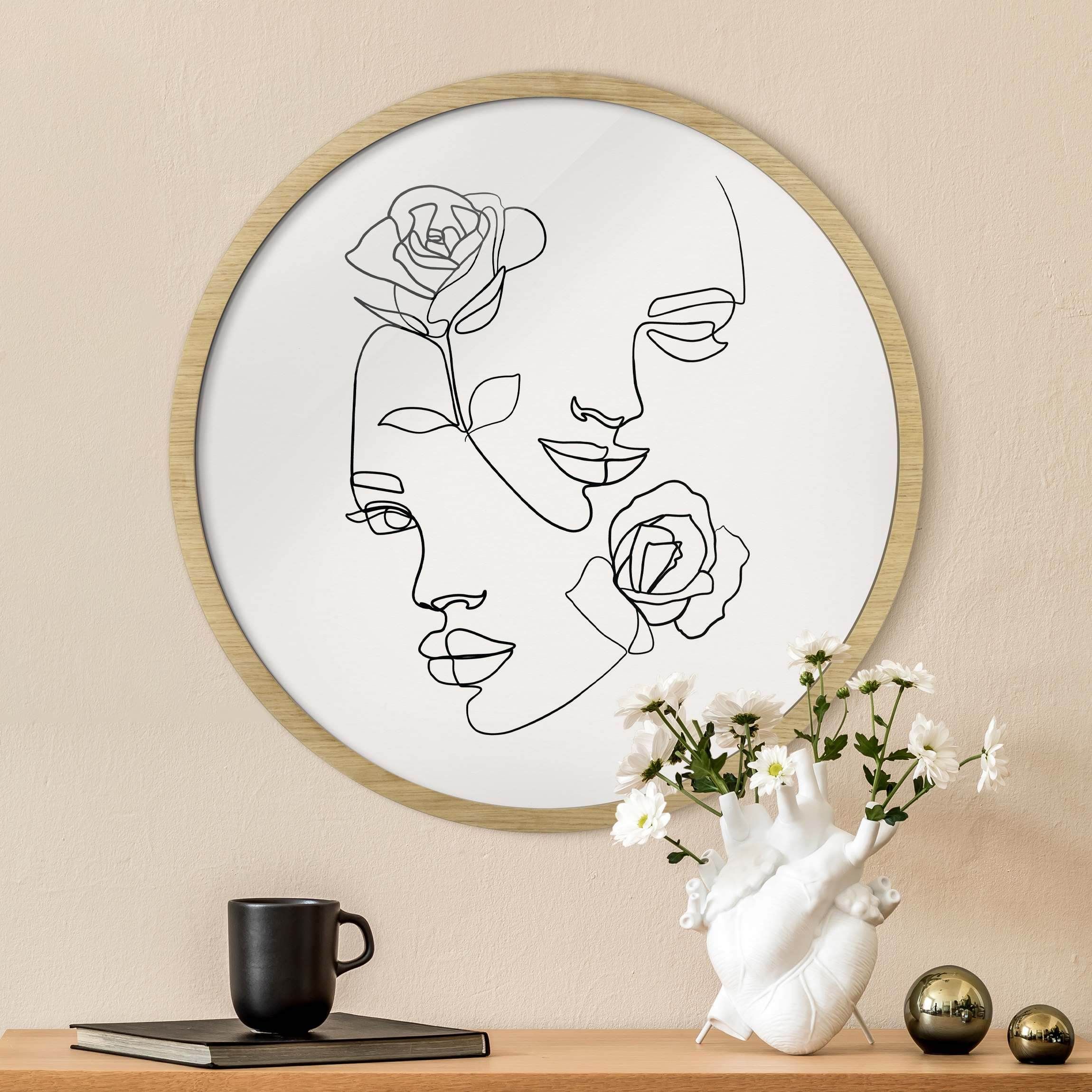 Line Art Gesichter Frauen Rosen Schwarz Weiß rundes Bild mit Rahmen kaufen