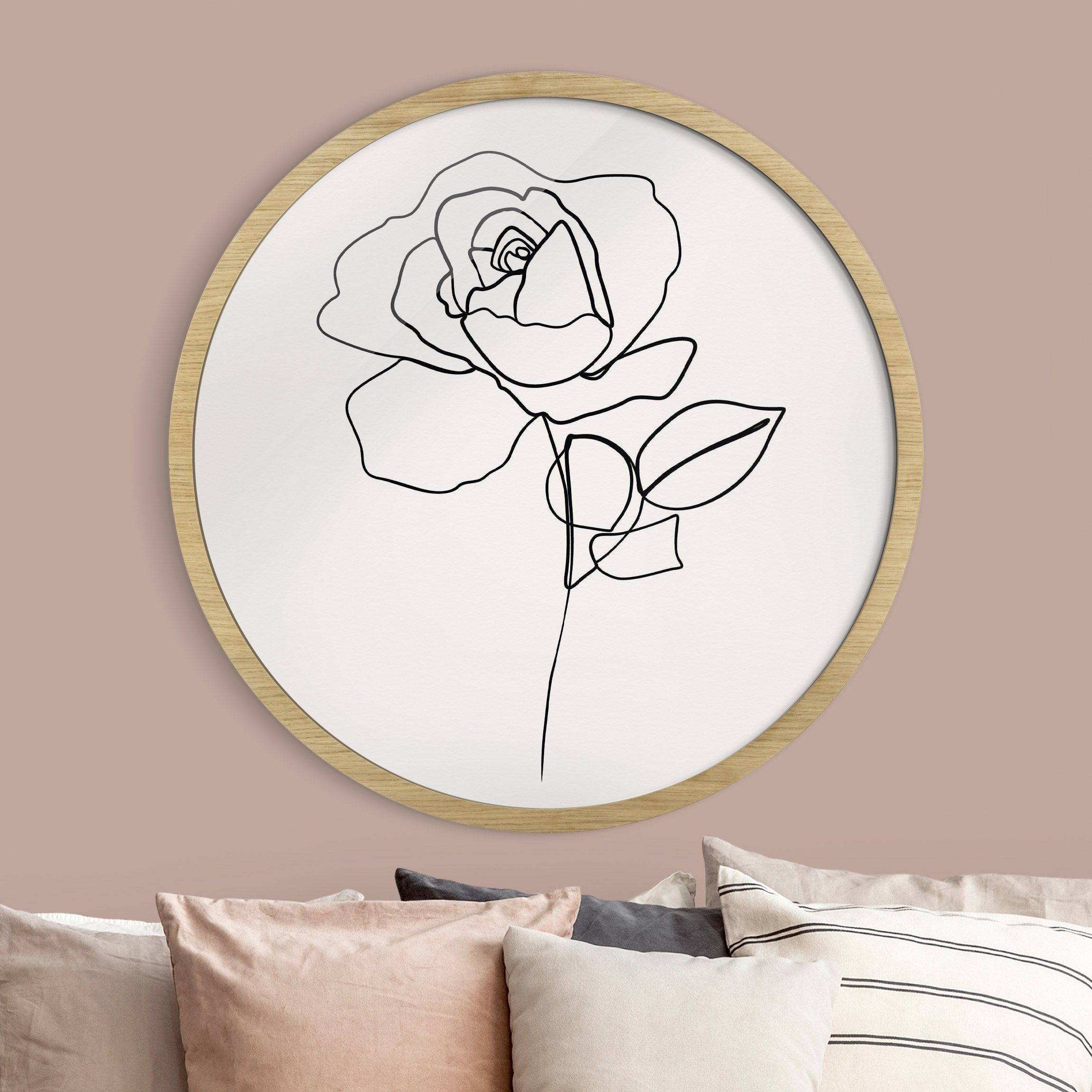 Line Art Rose Schwarz Weiß rundes Bild mit Rahmen kaufen