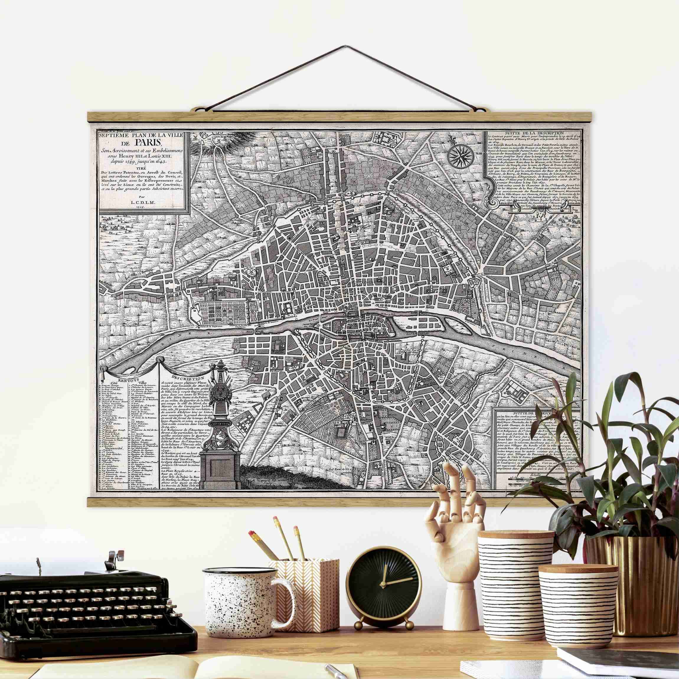 Vintage Stadtplan Paris um 1600 Stoffbild im Querformat 4:3 kaufen