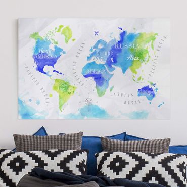 Leinwandbild - Weltkarte Aquarell blau grün - Quer 3:2