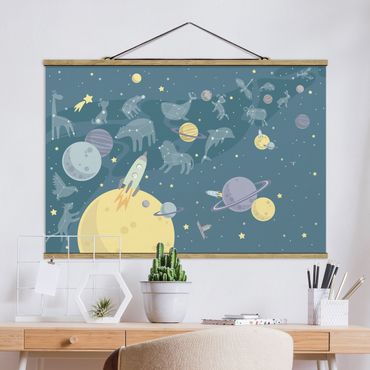 Stoffbild mit Posterleisten - Planeten mit Sternzeichen und Raketen - Querformat 3:2