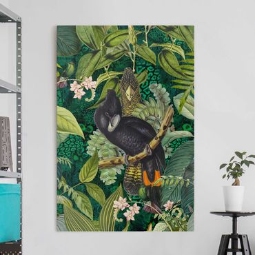 Leinwandbild - Bunte Collage - Kakadus im Dschungel - Hochformat 3:2