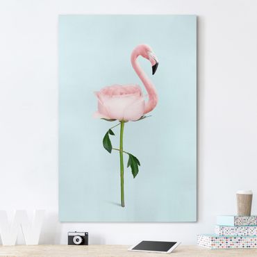 Leinwandbild - Jonas Loose - Flamingo mit Rose - Hochformat 3:2