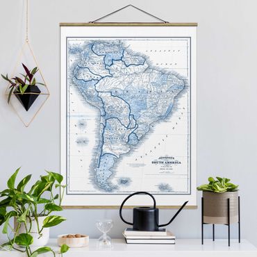 Stoffbild mit Posterleisten - Karte in Blautönen - Südamerika - Hochformat 3:4