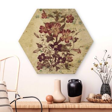 Hexagon Bild Holz - Vintage Blütenmuster