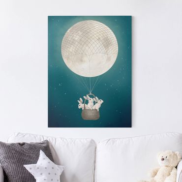 Leinwandbild - Illustration Hasen Mond-Heißluftballon Sternenhimmel - Hochformat 4:3