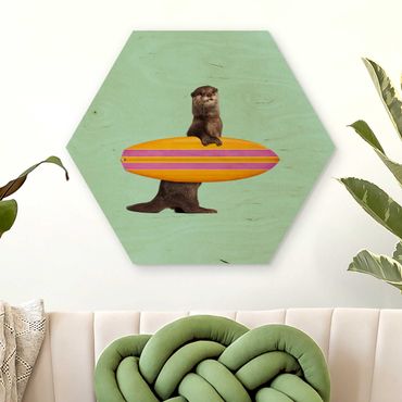 Hexagon Bild Holz - Jonas Loose - Otter mit Surfbrett