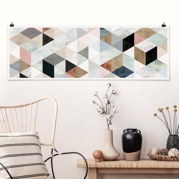 Poster - Aquarell-Mosaik mit Dreiecken I - Panorama Querformat