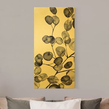 Leinwandbild Gold - Schwarz Weiß Aquarell Eukalyptuszweig - Hochformat 1:2