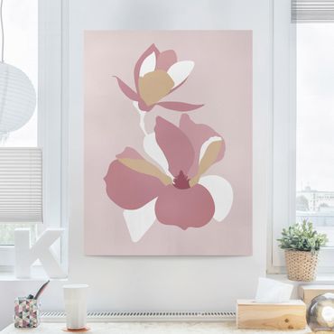 Leinwandbild - Line Art Blüten Pastell Rosa - Hochformat 4:3