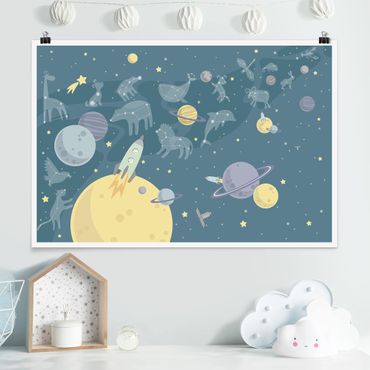 Poster - Planeten mit Sternzeichen und Raketen - Querformat 2:3