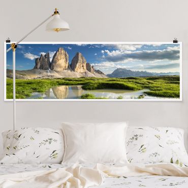 Poster - Südtiroler Zinnen und Wasserspiegelung - Panorama Querformat