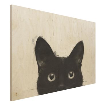 Holzbild - Illustration Schwarze Katze auf Weiß Malerei - Querformat 2:3