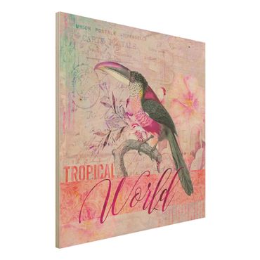 Holzbild - Vintage Collage - Tropical World Tucan - Quadrat 1:1