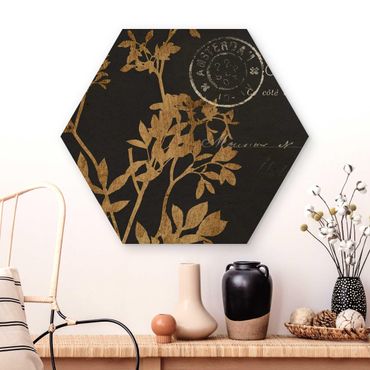 Hexagon Bild Holz - Goldene Blätter auf Mokka I