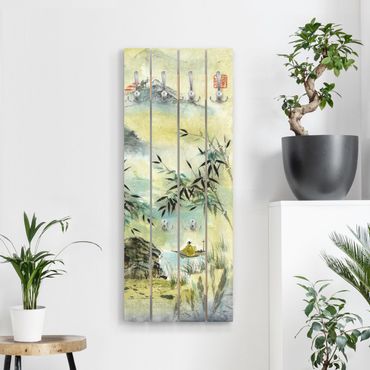 Wandgarderobe Holz - Japanische Aquarell Zeichnung Bambuswald - Haken chrom Hochformat