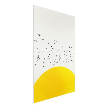 Forex Fine Art Print - Vogelschwarm vor gelber Sonne - Hochformat 3:2