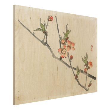 Holzbild - Asiatische Vintage Zeichnung Kirschblütenzweig - Querformat 3:4