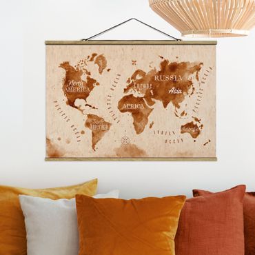 Stoffbild mit Posterleisten - Weltkarte Aquarell beige braun - Querformat 3:2