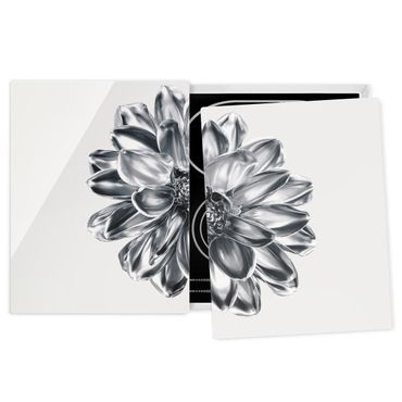 Herdabdeckplatte Glas - Dahlie Blume Silber Metallic - 52x80cm