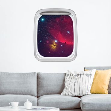 3D Wandtattoo - Fenster Flugzeug Farbenfrohe Galaxie