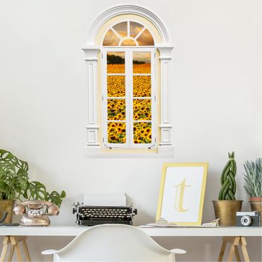3D Wandtattoo - Fenster Mediterran Feld mit Sonnenblumen