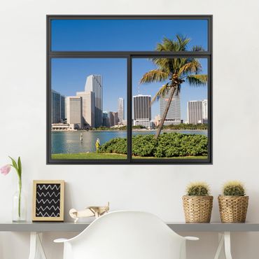 3D Wandtattoo - Fenster Schwarz Miami Beach Skyline