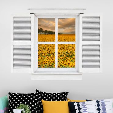 3D Wandtattoo - Flügelfenster Feld mit Sonnenblumen