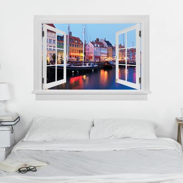 3D Wandtattoo - Offenes Fenster Kopenhagener Hafen am Abend
