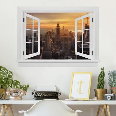 3D Wandtattoo - Offenes Fenster Manhattan Skyline Abendstimmung