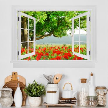 3D Wandtattoo - Offenes Fenster Sommerwiese mit Blumenkasten
