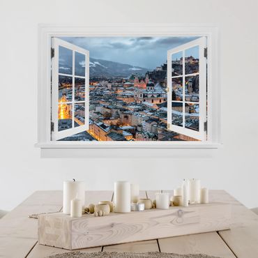 3D Wandtattoo - Offenes Fenster Verschneites Salzburg