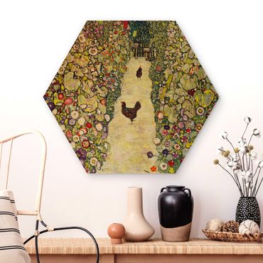 Hexagon Bild Holz - Gustav Klimt - Gartenweg mit Hühnern