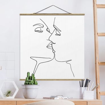 Stoffbild mit Posterleisten - Line Art Kuss Gesichter Schwarz Weiß - Quadrat 1:1