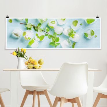 Poster - Eiswürfel mit Minzblättern - Panorama Querformat