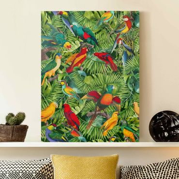 Leinwandbild - Bunte Collage - Papageien im Dschungel - Hochformat 4:3