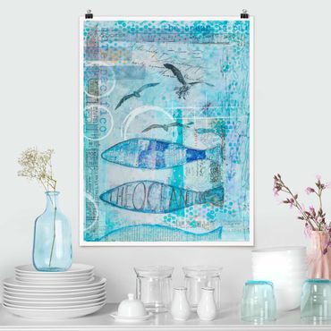 Poster - Bunte Collage - Blaue Fische - Hochformat 4:3