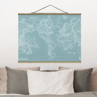 Stoffbild mit Posterleisten - Weltkarte in Eisblau - Querformat 4:3