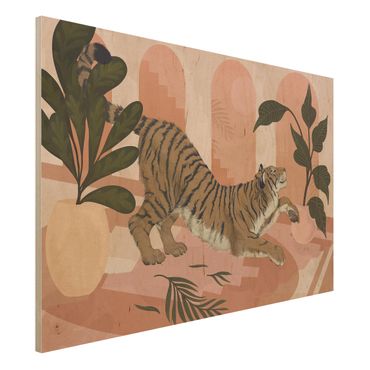 Holzbild - Illustration Tiger in Pastell Rosa Malerei - Querformat 2:3