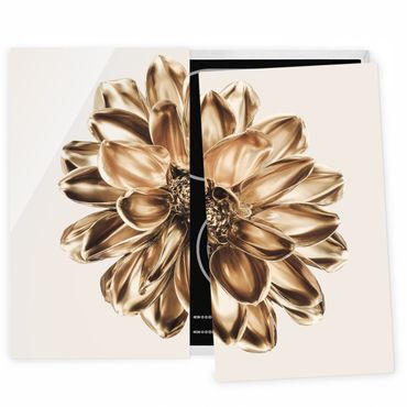 Herdabdeckplatte Glas - Dahlie Blume Gold Metallic - 52x60cm