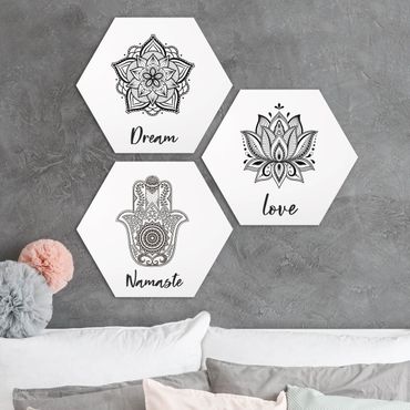 Hexagon Bild Forex 3-teilig - Mandala Namaste Lotus Set Schwarz Weiß