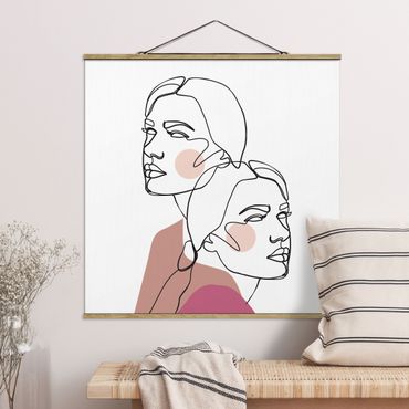 Stoffbild mit Posterleisten - Line Art Frauen Portrait Wangen Rosa - Quadrat 1:1