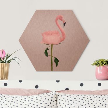Hexagon Bild Alu-Dibond - Jonas Loose - Flamingo mit Rose