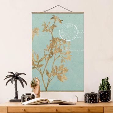 Stoffbild mit Posterleisten - Goldene Blätter auf Turquoise I - Hochformat 2:3