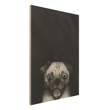 Holzbild - Illustration Hund Mops Malerei auf Schwarz Weiß - Hochformat 4:3