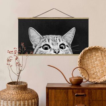 Stoffbild mit Posterleisten - Laura Graves - Illustration Katze Schwarz Weiß Zeichnung - Querformat 2:1