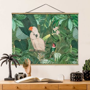 Stoffbild mit Posterleisten - Vintage Collage - Kakadu und Kolibri - Querformat 4:3