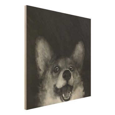 Holzbild - Illustration Hund Corgi Malerei Schwarz Weiß - Quadrat 1:1